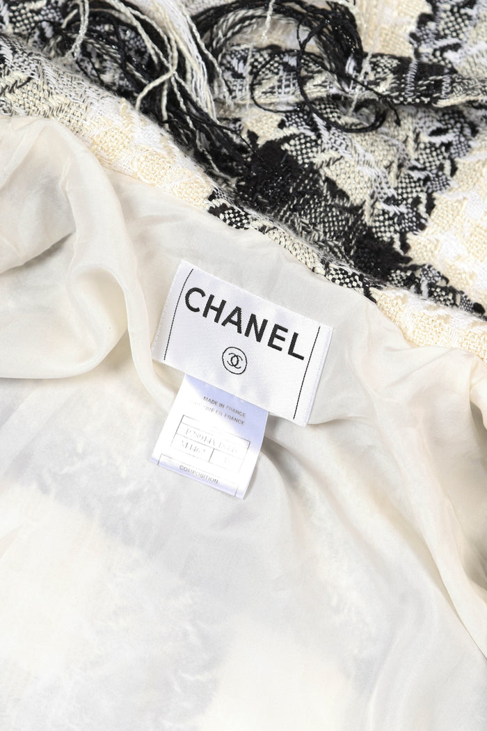 2000s Chanel Black & White Fringe Tweed Jacket and Skirt Set FR36