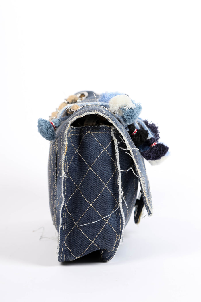 2014 Chanel Denim Paris-Dubai PomPom Medium Flap Shoulder Bag
