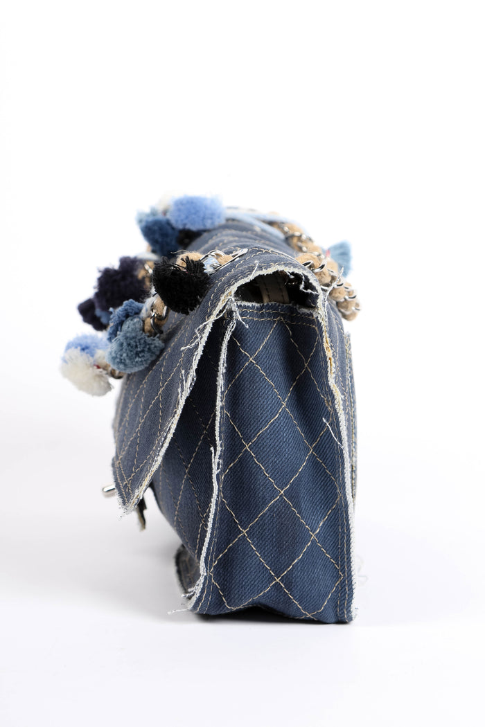 2014 Chanel Denim Paris-Dubai PomPom Medium Flap Shoulder Bag