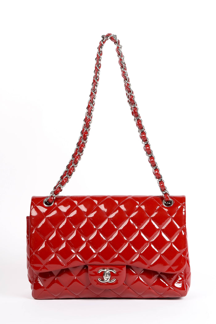 2010s Chanel Red Patent Leather Jumbo Double Flap Shoulder Bag