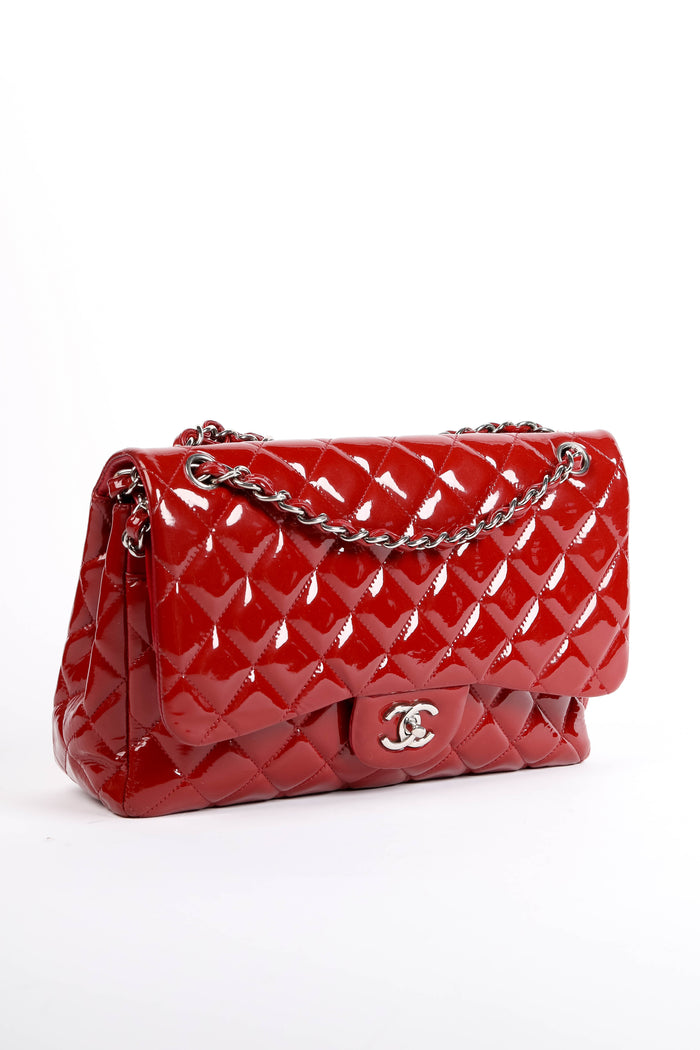 2010s Chanel Red Patent Leather Jumbo Double Flap Shoulder Bag