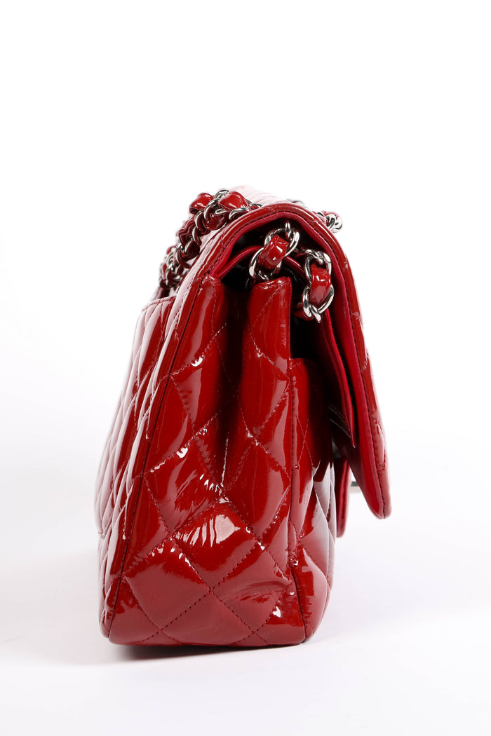 2010s Chanel Red Patent Leather Jumbo Double Flap Shoulder Bag