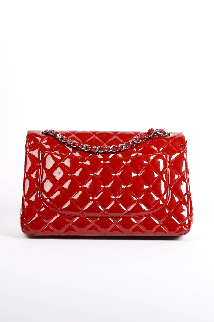 2010s Chanel Red Patent Leather Jumbo Double Flap Shoulder Bag