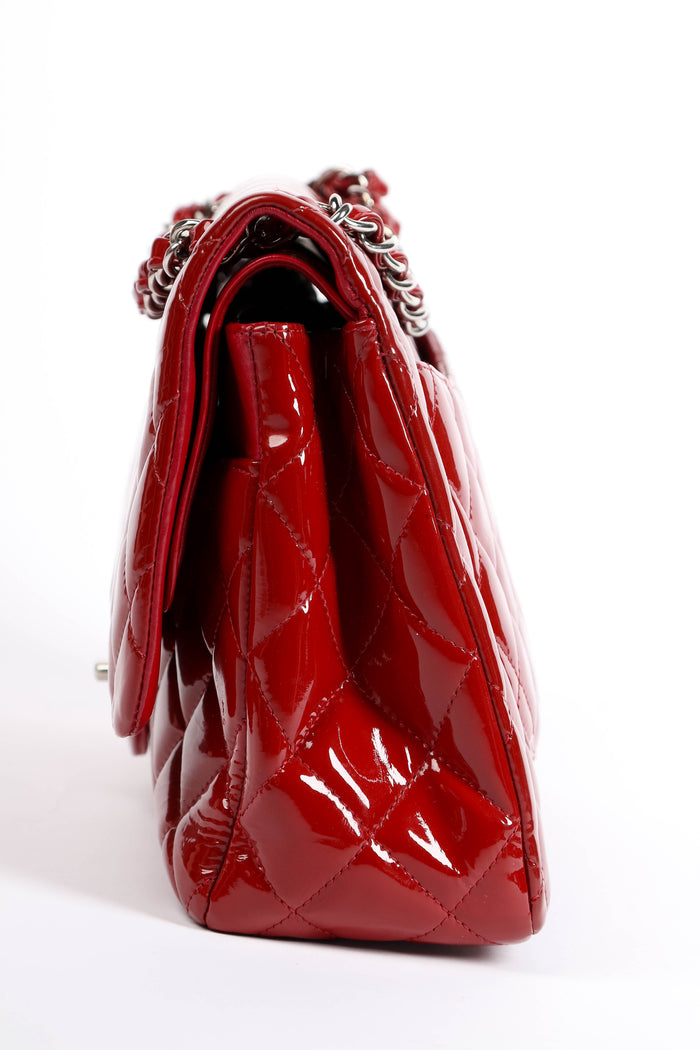 2010s Chanel Red Patent Leather Jumbo Double Flap Shoulder Bag