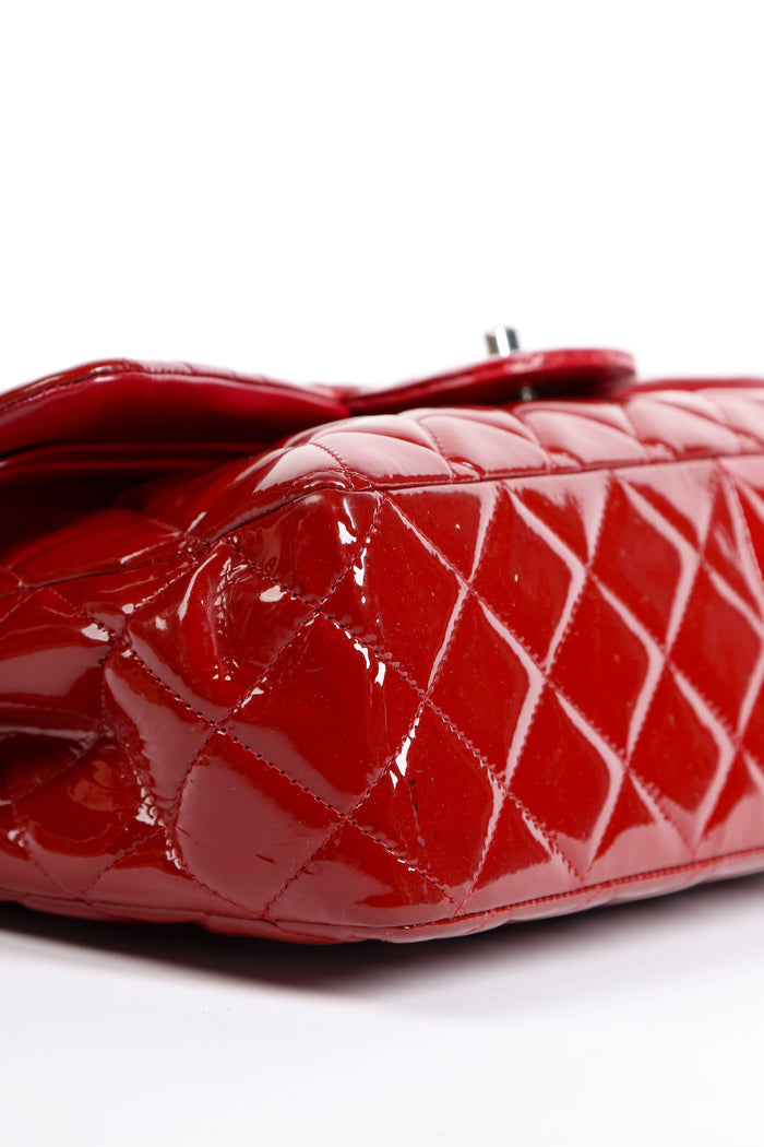 2010s Chanel Red Patent Leather Jumbo Double Flap Shoulder Bag