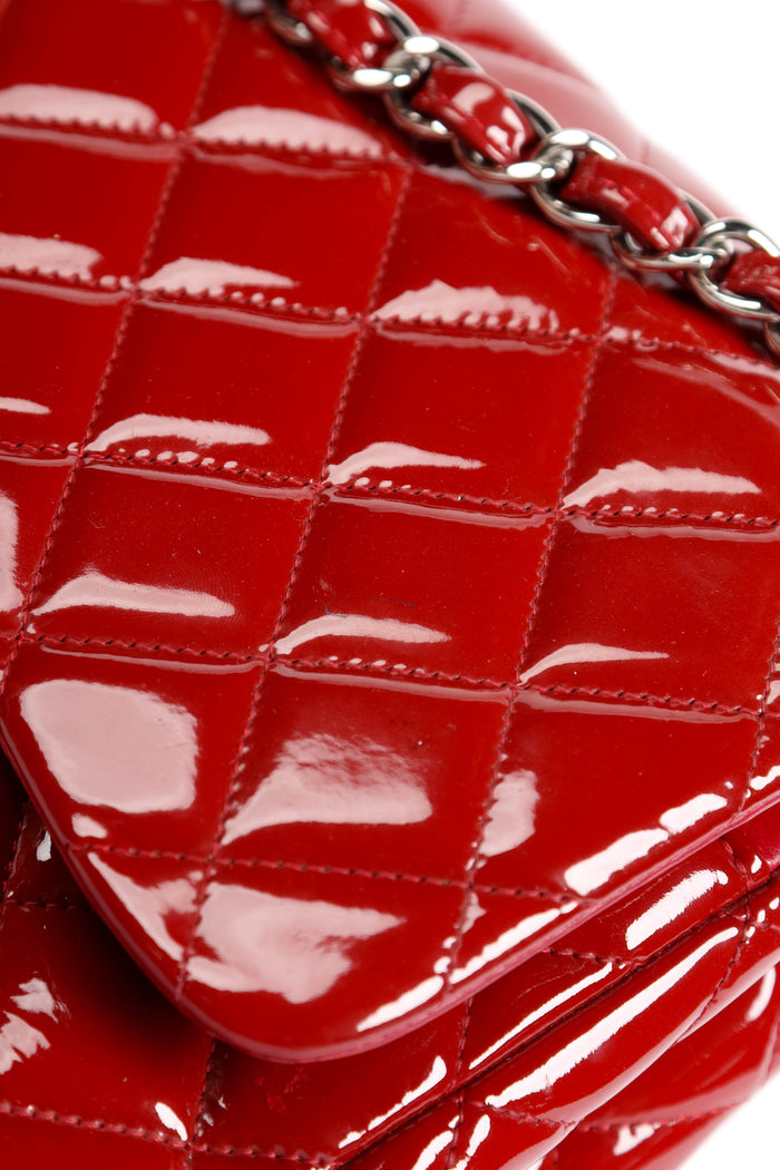 2010s Chanel Red Patent Leather Jumbo Double Flap Shoulder Bag