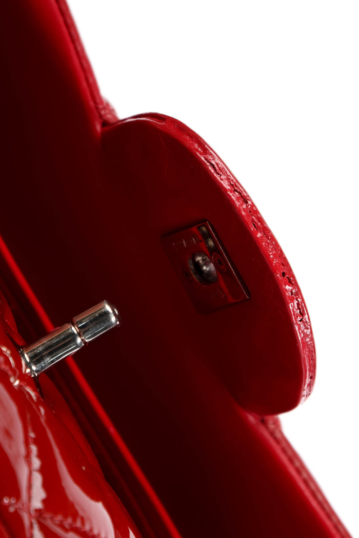 2010s Chanel Red Patent Leather Jumbo Double Flap Shoulder Bag