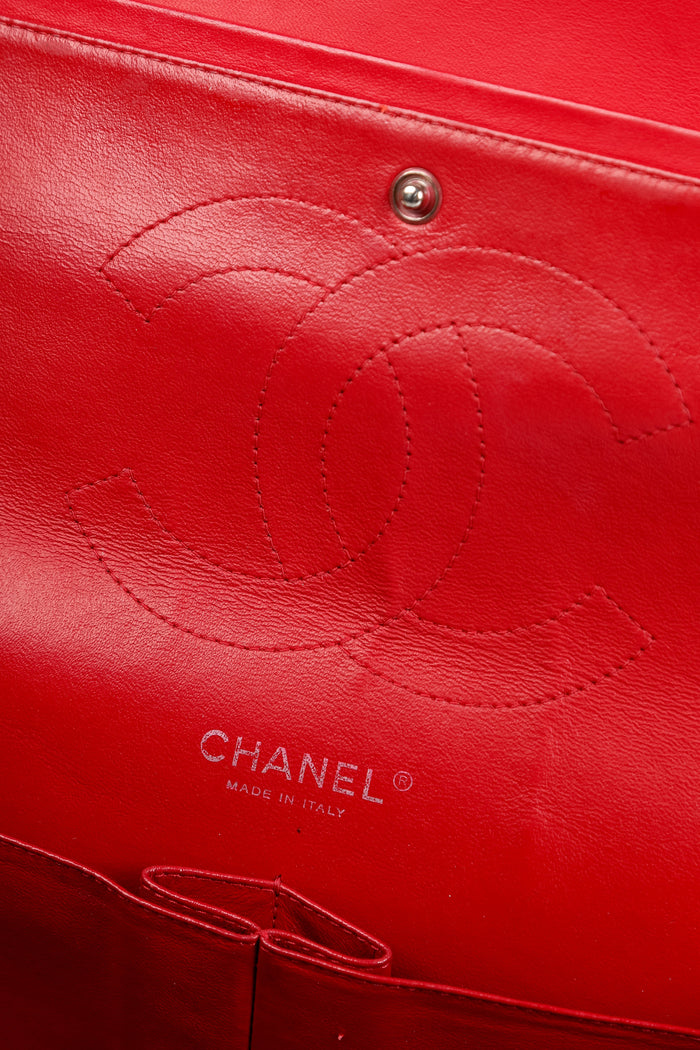 2010s Chanel Red Patent Leather Jumbo Double Flap Shoulder Bag