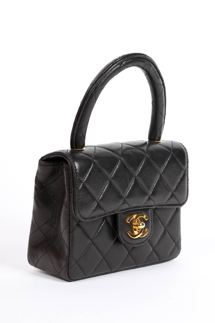 90s Chanel Black Lambskin Leather Mini Top Handle with 24k GHW