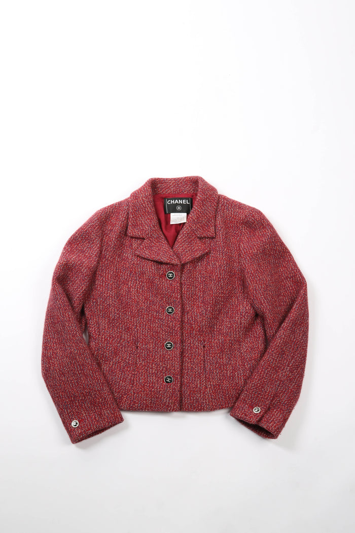 2000s Chanel Red Tweed Jacket and Midi Skirt Suit FR 40 (UK 12)