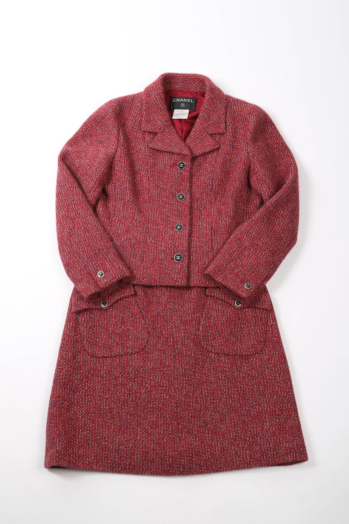 2000s Chanel Red Tweed Jacket and Midi Skirt Suit FR 40 (UK 12)