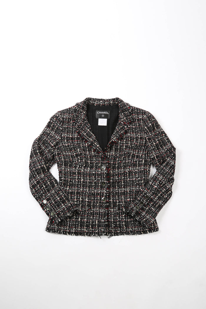 2000s Chanel Black Ribbon Tweed Blazer and Skirt Set FR38 ( UK10)