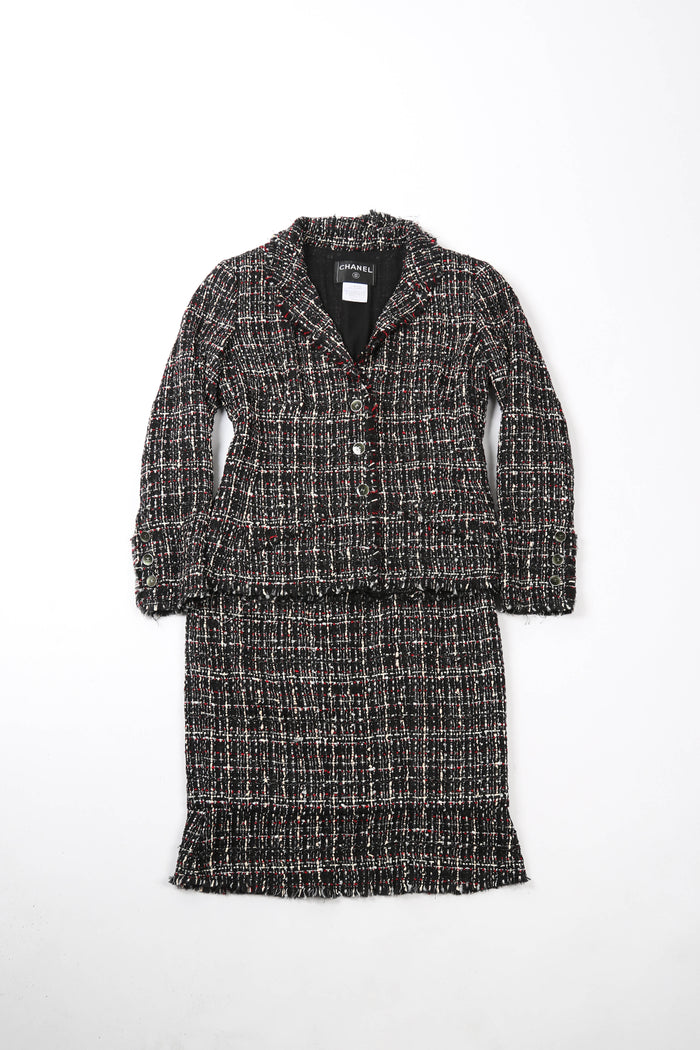 2000s Chanel Black Ribbon Tweed Blazer and Skirt Set FR38 ( UK10)