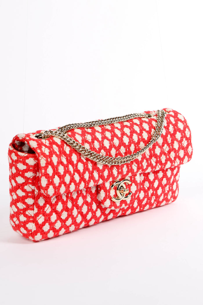 2000s Chanel Red and White Tweed East West Single Flap Bag