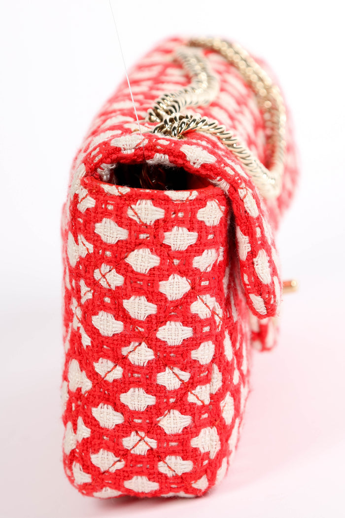 2000s Chanel Red and White Tweed East West Single Flap Bag