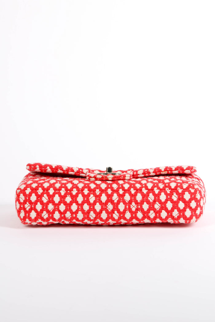 2000s Chanel Red and White Tweed East West Single Flap Bag