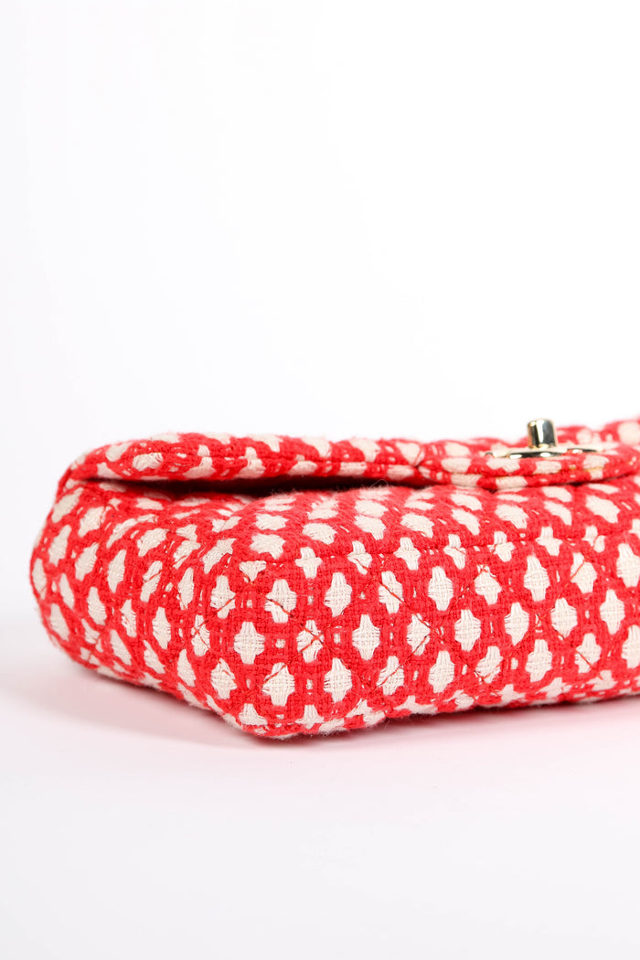 2000s Chanel Red and White Tweed East West Single Flap Bag