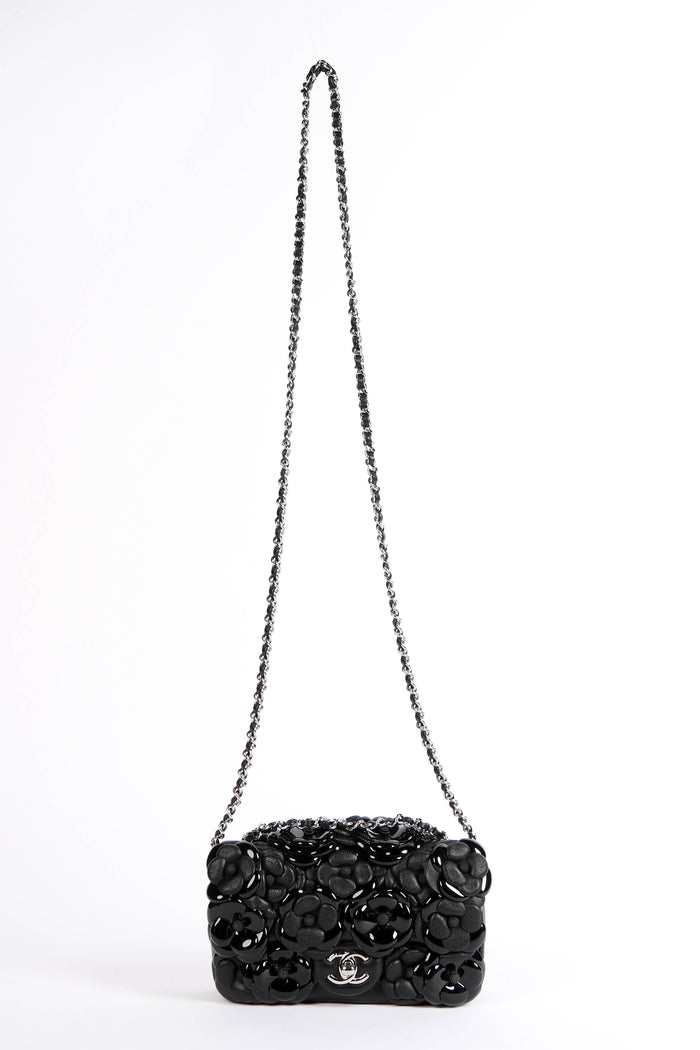 RARE 2016 Chanel Black Camellia Mini Rectangular Single Flap Bag