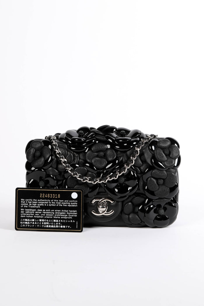 RARE 2016 Chanel Black Camellia Mini Rectangular Single Flap Bag