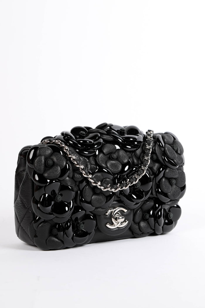 RARE 2016 Chanel Black Camellia Mini Rectangular Single Flap Bag