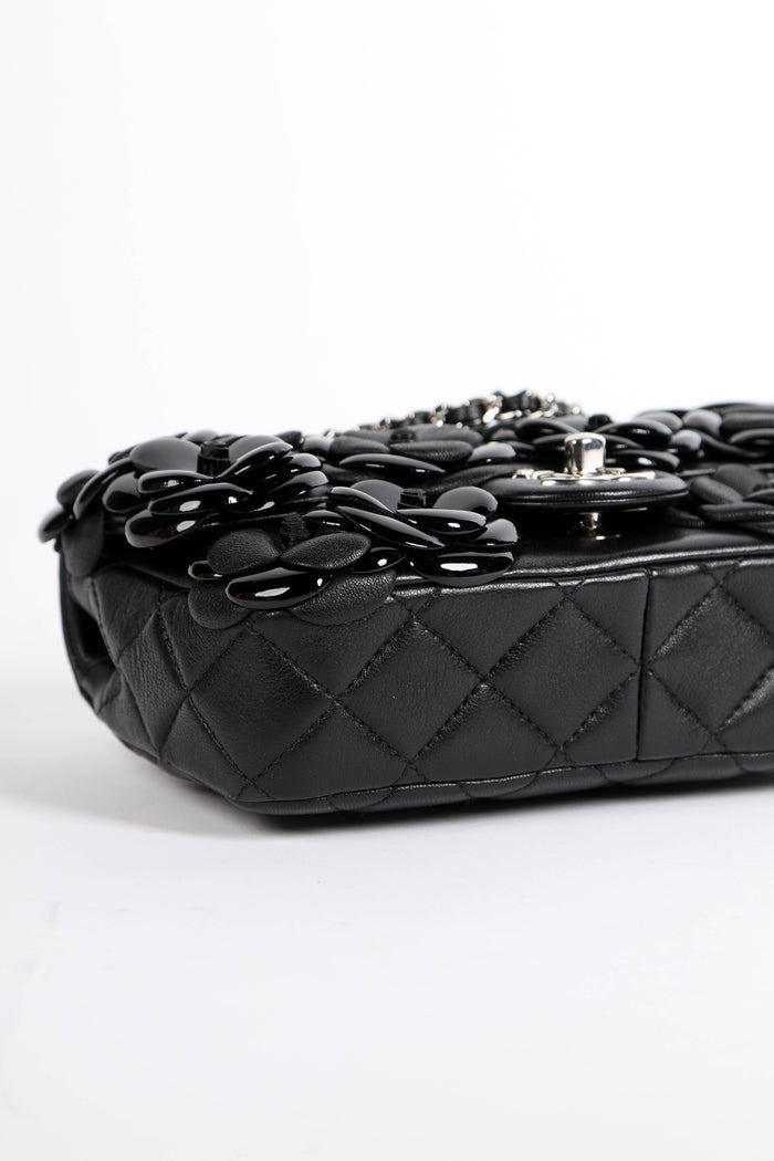 RARE 2016 Chanel Black Camellia Mini Rectangular Single Flap Bag
