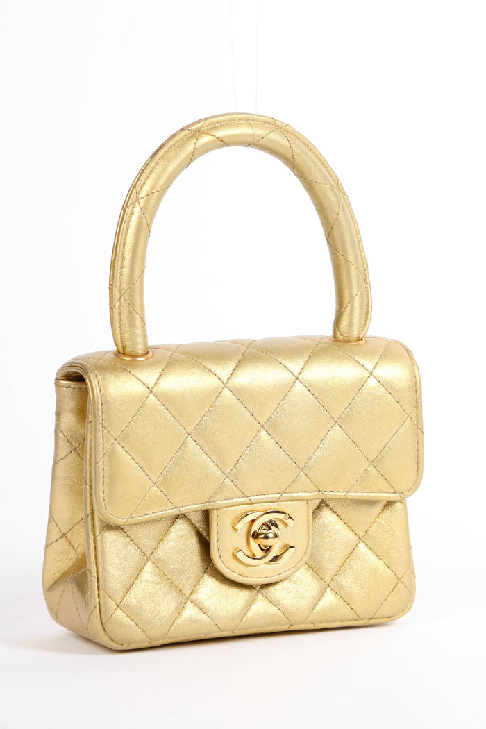 90s Chanel Gold Lambskin Leather Top Handle Bag