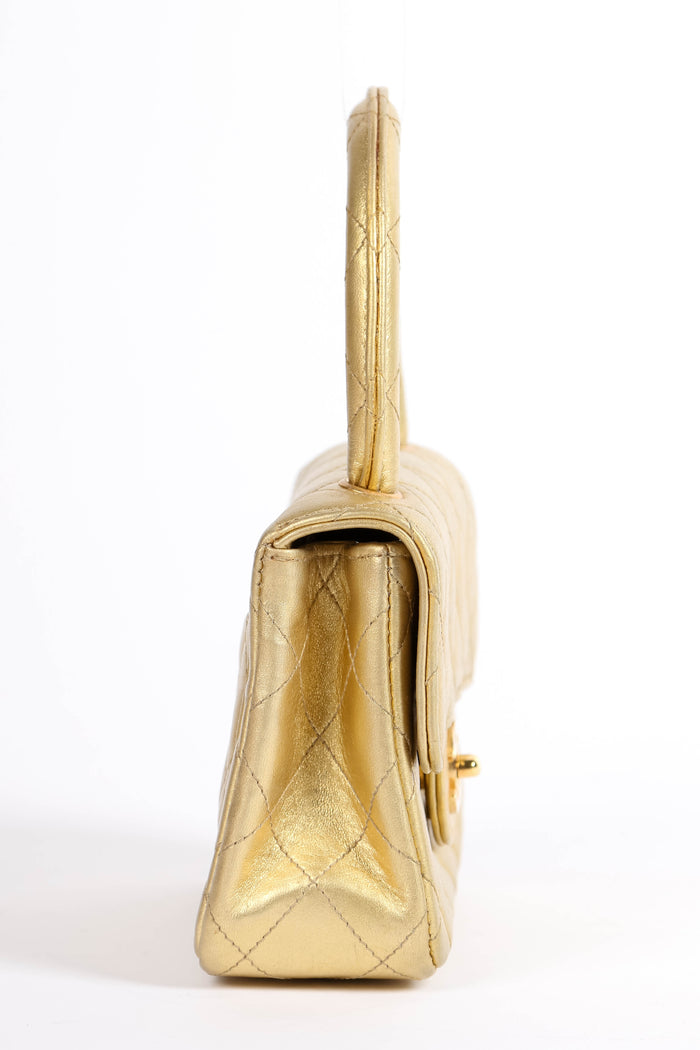 90s Chanel Gold Lambskin Leather Top Handle Bag