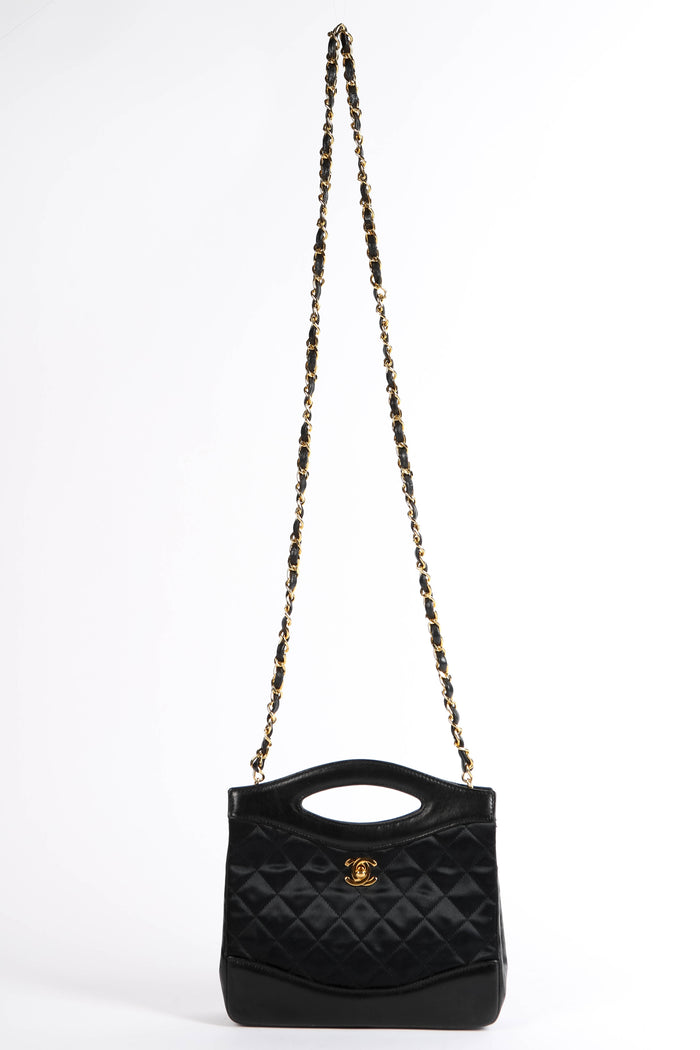 RARE 90s Chanel Black Satin Nano 31 Shopping Top Handle Bag