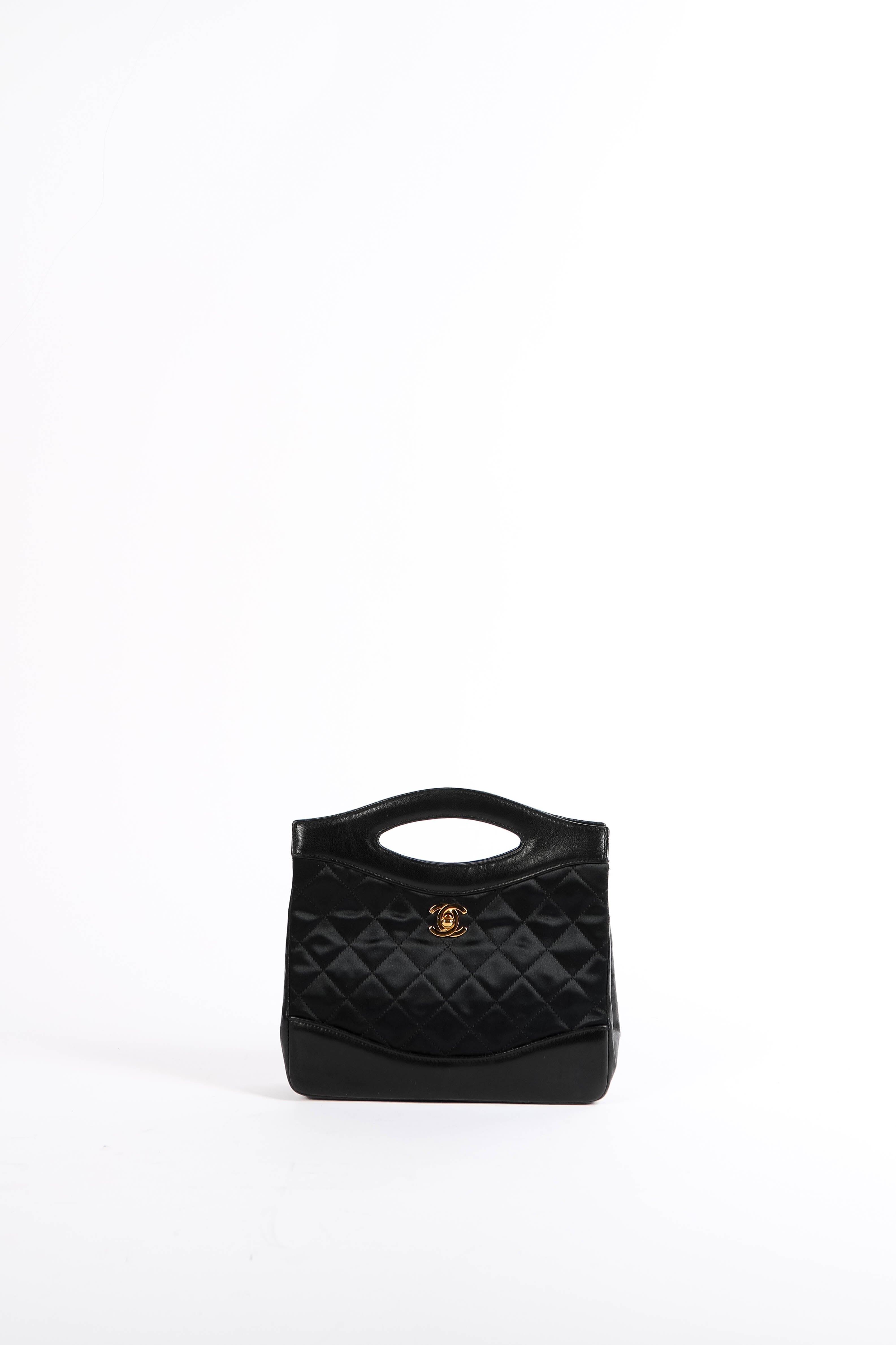 RARE 90s Chanel Black Satin Nano 31 Shopping Top Handle Bag