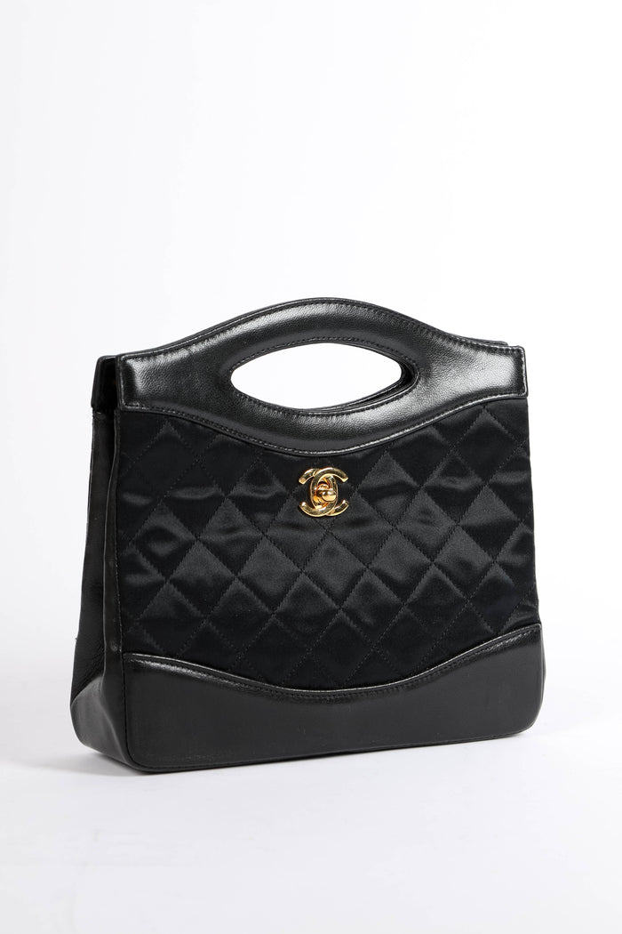 RARE 90s Chanel Black Satin Nano 31 Shopping Top Handle Bag