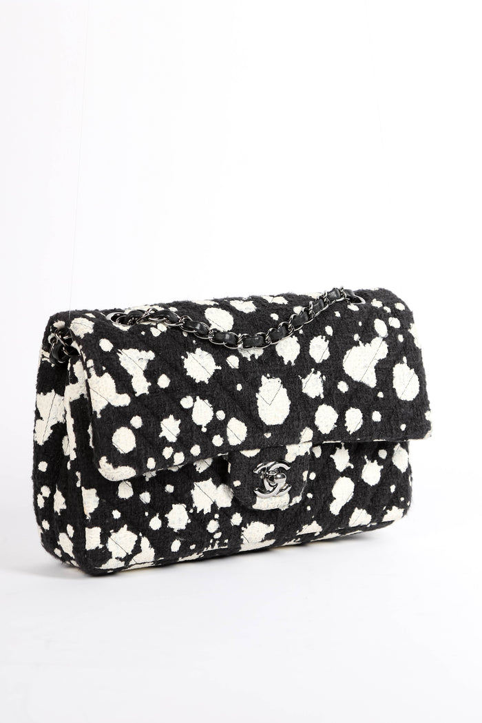 2010s Chanel Black and White Chevron Tweed Medium Double Flap Bag
