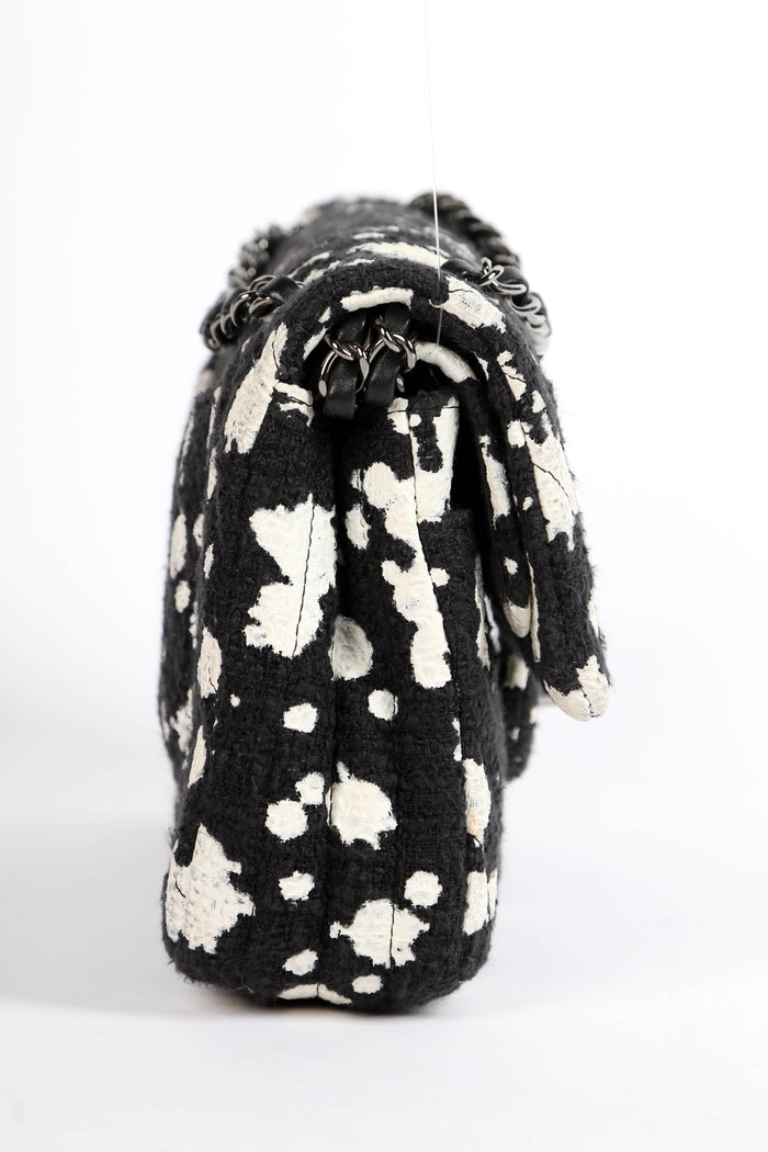 2010s Chanel Black and White Chevron Tweed Medium Double Flap Bag