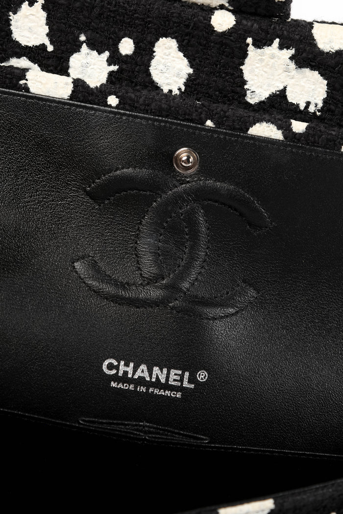2010s Chanel Black and White Chevron Tweed Medium Double Flap Bag