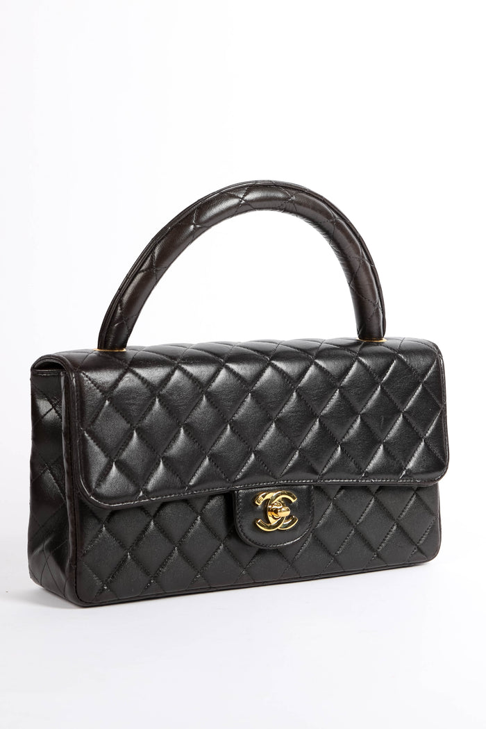 90s Chanel Espresso Black Lambskin Leather Top Handle Bag