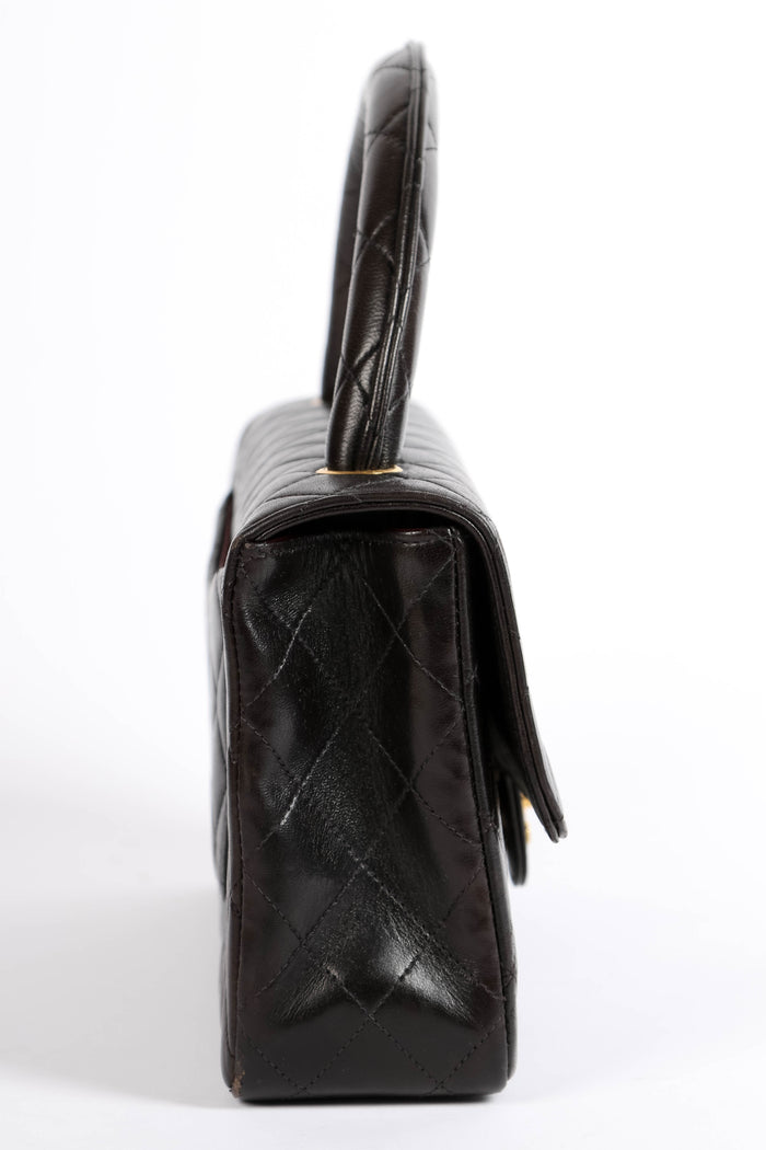 90s Chanel Espresso Black Lambskin Leather Top Handle Bag