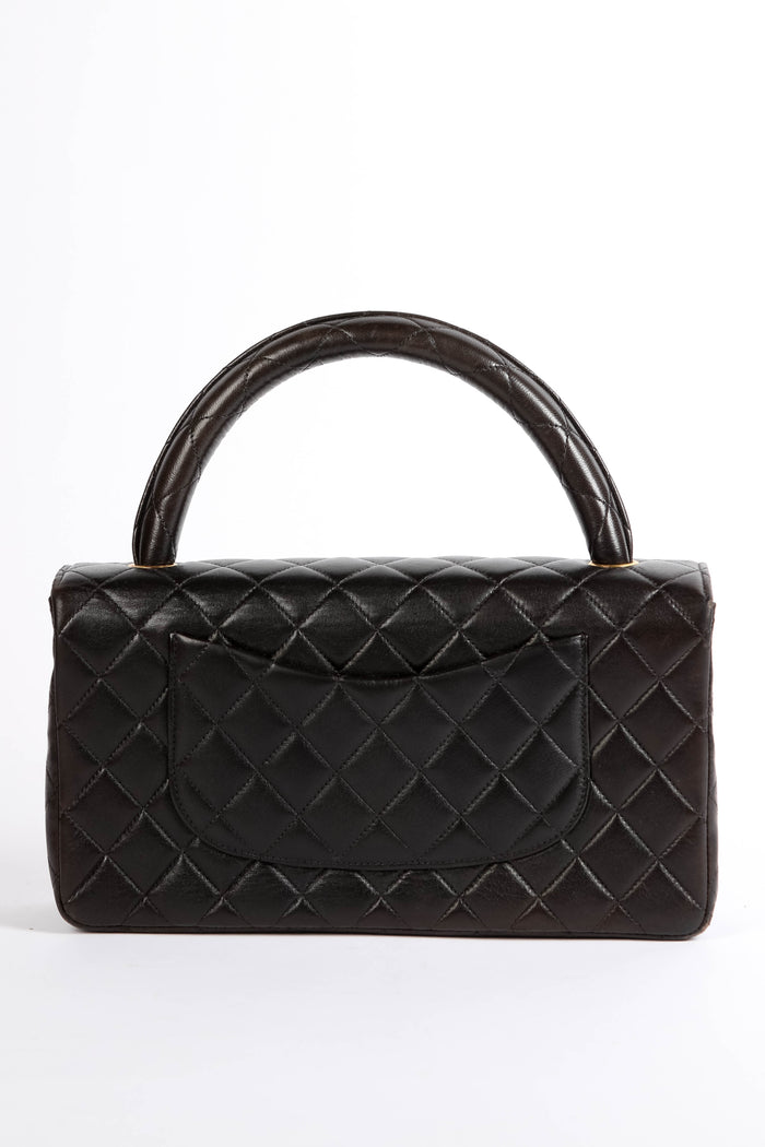 90s Chanel Espresso Black Lambskin Leather Top Handle Bag