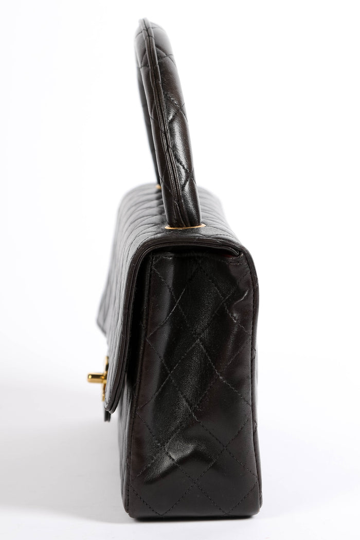 90s Chanel Espresso Black Lambskin Leather Top Handle Bag