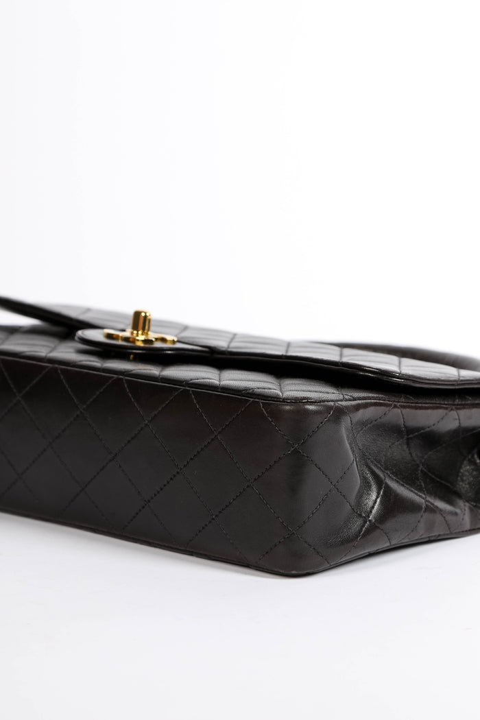 90s Chanel Espresso Black Lambskin Leather Top Handle Bag