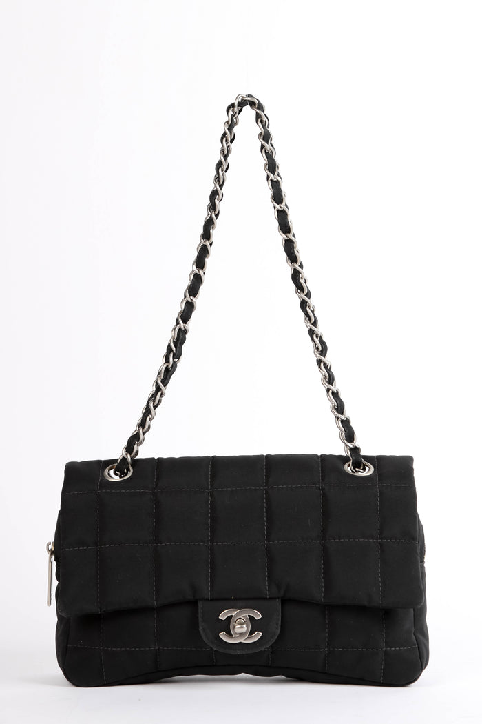 2000s Chanel Black Nylon Single Flap Bag with Brushed Silver Hardware