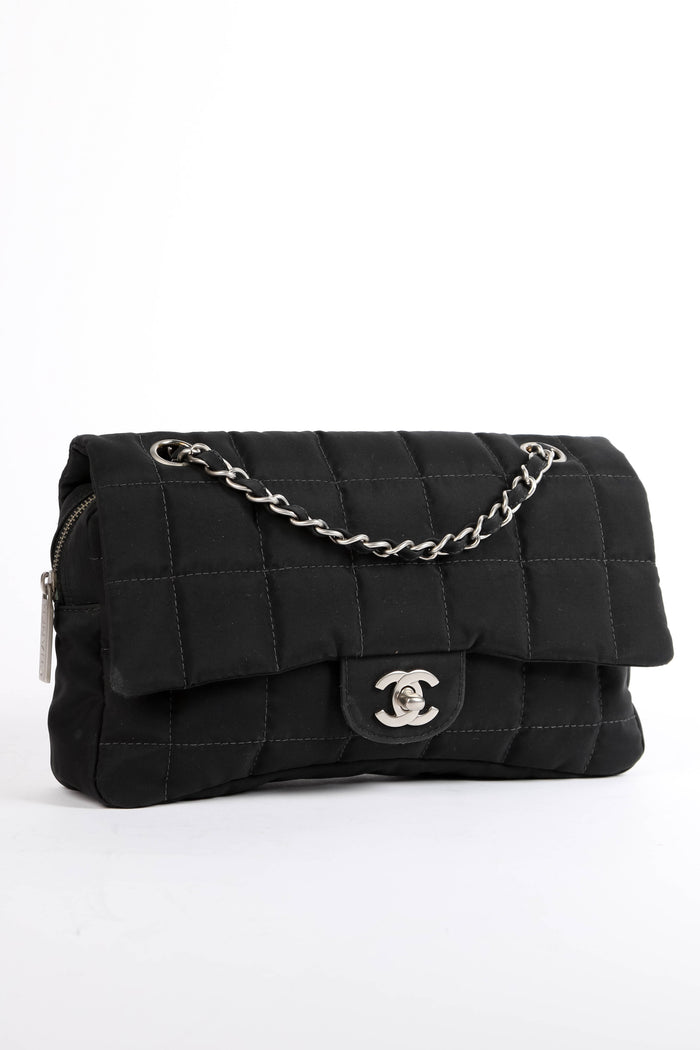 2000s Chanel Black Nylon Single Flap Bag with Brushed Silver Hardware