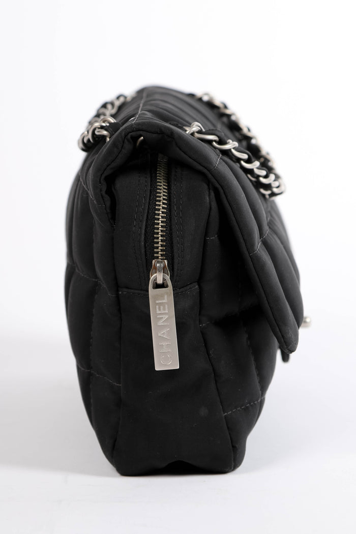 2000s Chanel Black Nylon Single Flap Bag with Brushed Silver Hardware