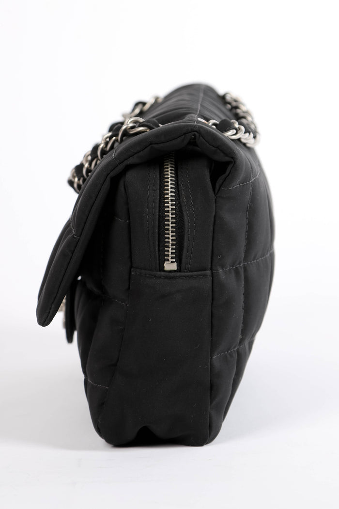 2000s Chanel Black Nylon Single Flap Bag with Brushed Silver Hardware