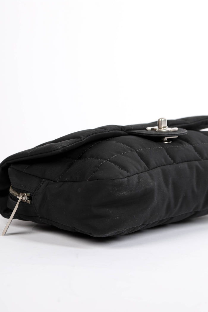2000s Chanel Black Nylon Single Flap Bag with Brushed Silver Hardware