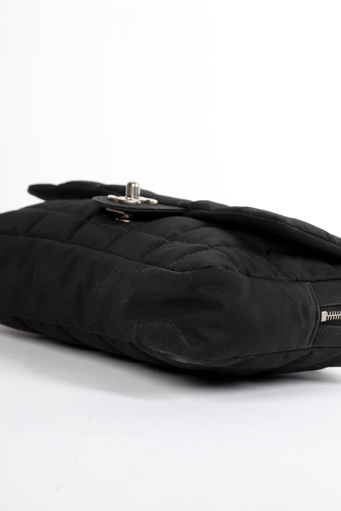 2000s Chanel Black Nylon Single Flap Bag with Brushed Silver Hardware
