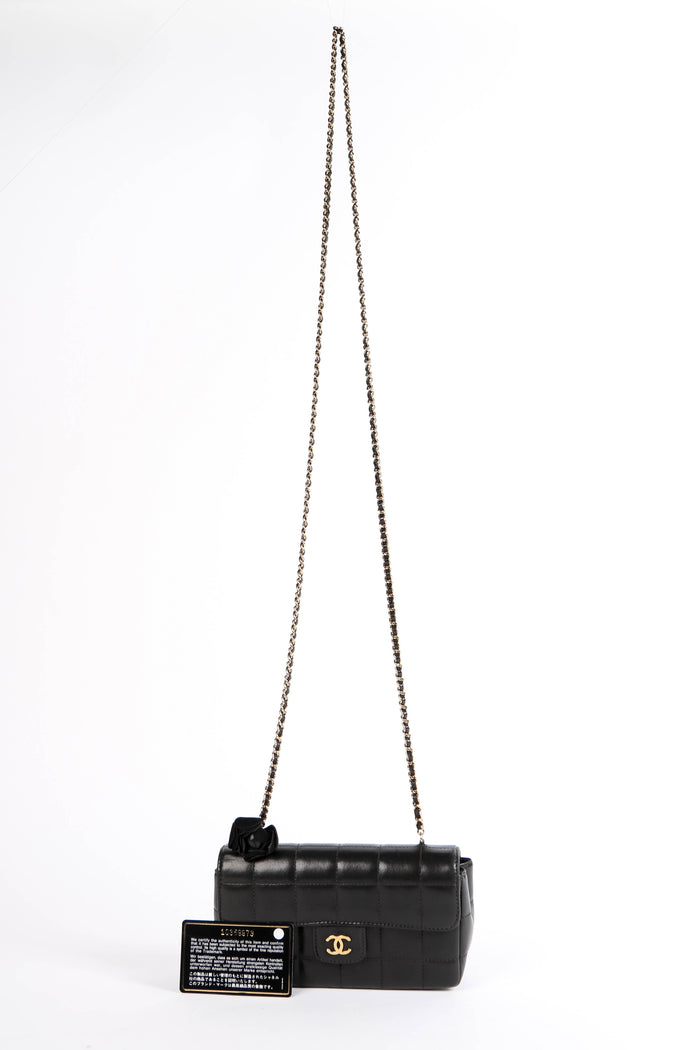 2000s Chanel Black Lambskin Leather Mini Camellia Chocolate Bar Crossbody Bag