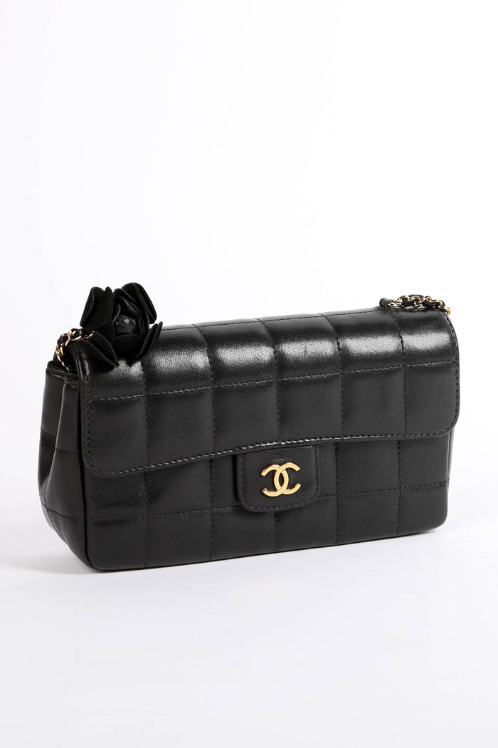 2000s Chanel Black Lambskin Leather Mini Camellia Chocolate Bar Crossbody Bag
