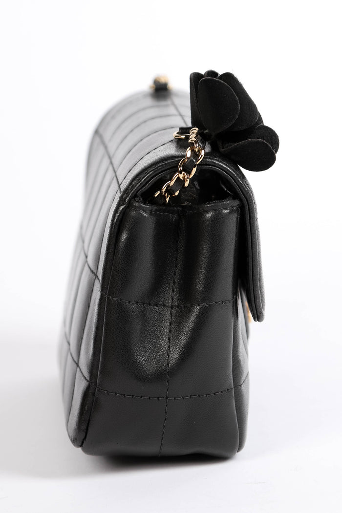 2000s Chanel Black Lambskin Leather Mini Camellia Chocolate Bar Crossbody Bag