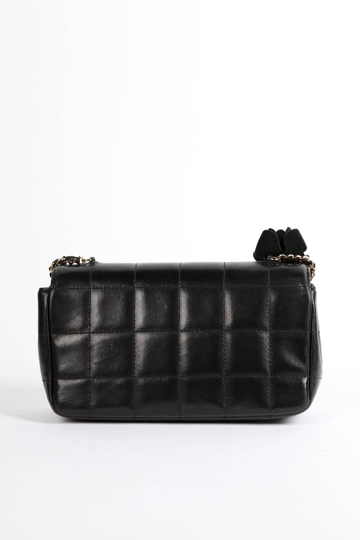 2000s Chanel Black Lambskin Leather Mini Camellia Chocolate Bar Crossbody Bag