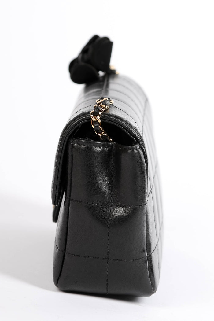 2000s Chanel Black Lambskin Leather Mini Camellia Chocolate Bar Crossbody Bag