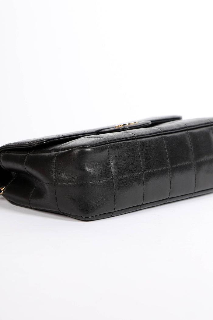 2000s Chanel Black Lambskin Leather Mini Camellia Chocolate Bar Crossbody Bag
